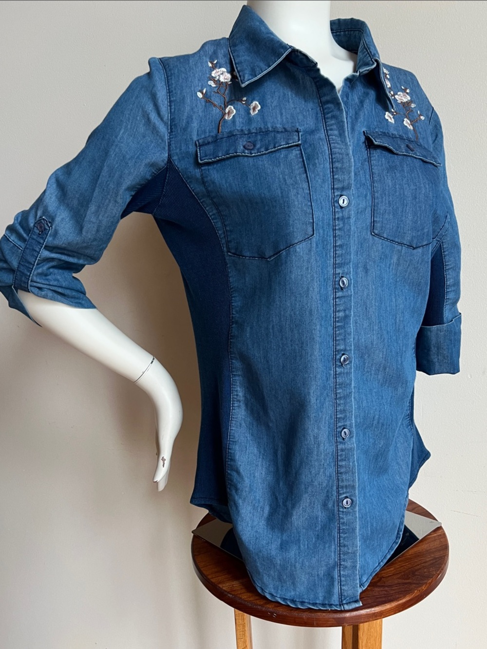 Cavalini Embroidered Denim Button-Down Shirt - Blue